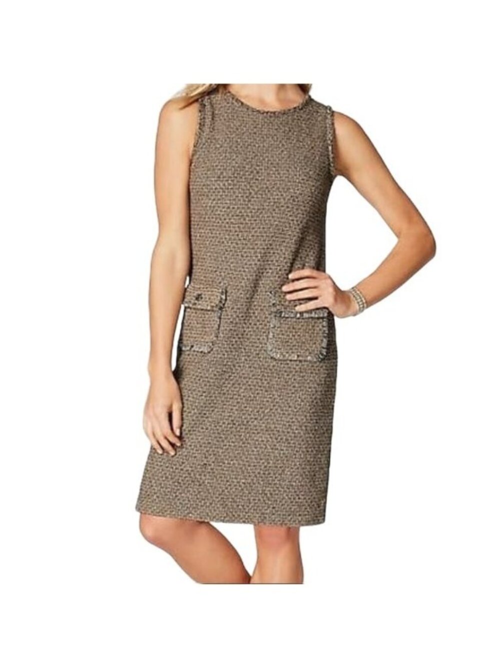 J Jill Butterscotch Tweed Front Pocket Sleeveless Shift Dress Size Medium Petite